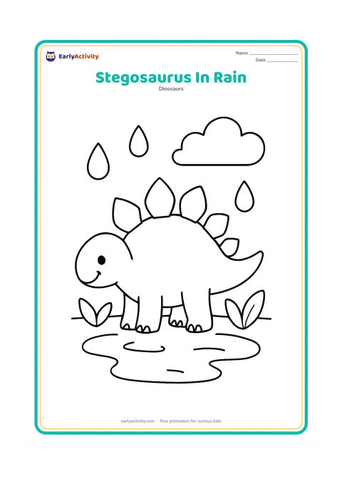 Colouring page: Draw a smiling stegosaurus standing in a shallow puddle beneath a few large raindrops. Add two simple broad-leaf plants and a low cloud in the background.