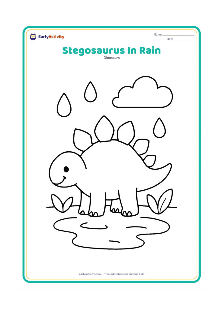 Colouring page: Draw a smiling stegosaurus standing in a shallow puddle beneath a few large raindrops. Add two simple broad-leaf plants and a low cloud in the background.