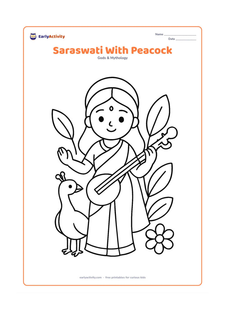 Colouring page: Saraswati stands with one hand raised gently toward a friendly peacock, while her other hand holds a veena. Add a few large leaves and a single flower around them.
