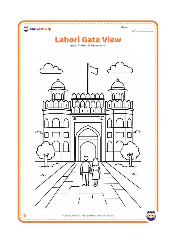 Colouring page: Draw a medium-detail front view of the Red Fort's Lahori Gate, including its tall arched entrance, flanking towers, battlements and a flagpole. Add a paved approach with two visitors and…
