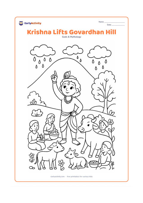 Colouring page: Draw child Krishna raising one arm beneath a broad stylized hill while families, friends, cows, and calves gather safely underneath. Include rocks, trees, flowering plants, small…