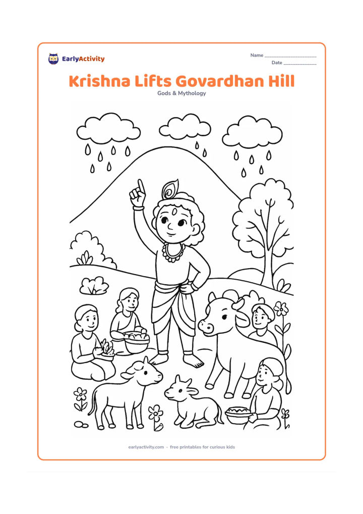 Colouring page: Draw child Krishna raising one arm beneath a broad stylized hill while families, friends, cows, and calves gather safely underneath. Include rocks, trees, flowering plants, small…
