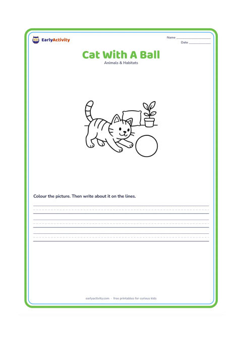 Worksheet: Draw a playful cat reaching toward a large ball on a plain floor, with one cushion and a small house plant in the background. Leave generous blank space around the cat.