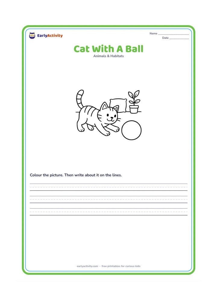 Worksheet: Draw a playful cat reaching toward a large ball on a plain floor, with one cushion and a small house plant in the background. Leave generous blank space around the cat.