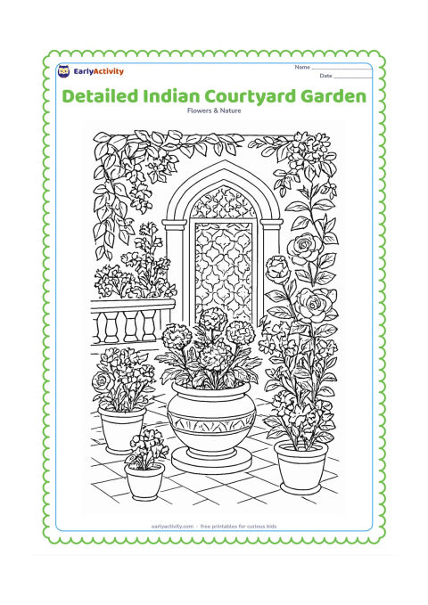 Colouring page: Draw a richly planted Indian courtyard garden with marigolds, roses and jasmine-like clusters around a central stone planter. Include a patterned but unlettered doorway, terracotta pots,…