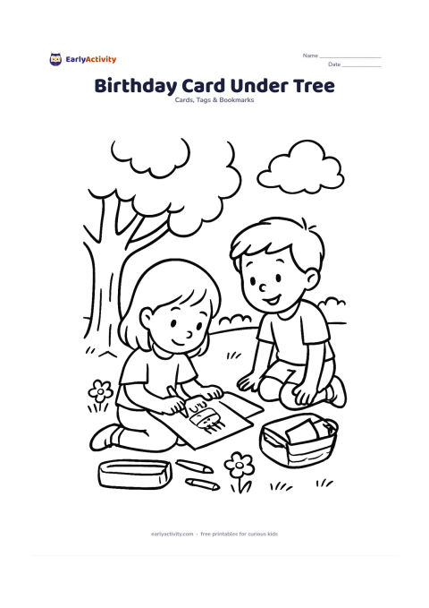Worksheet: Show a child sitting under a shady tree, drawing a birthday card with crayons while a friend watches, with a blank card panel, a pencil case and a basket of paper nearby. Add a grassy…