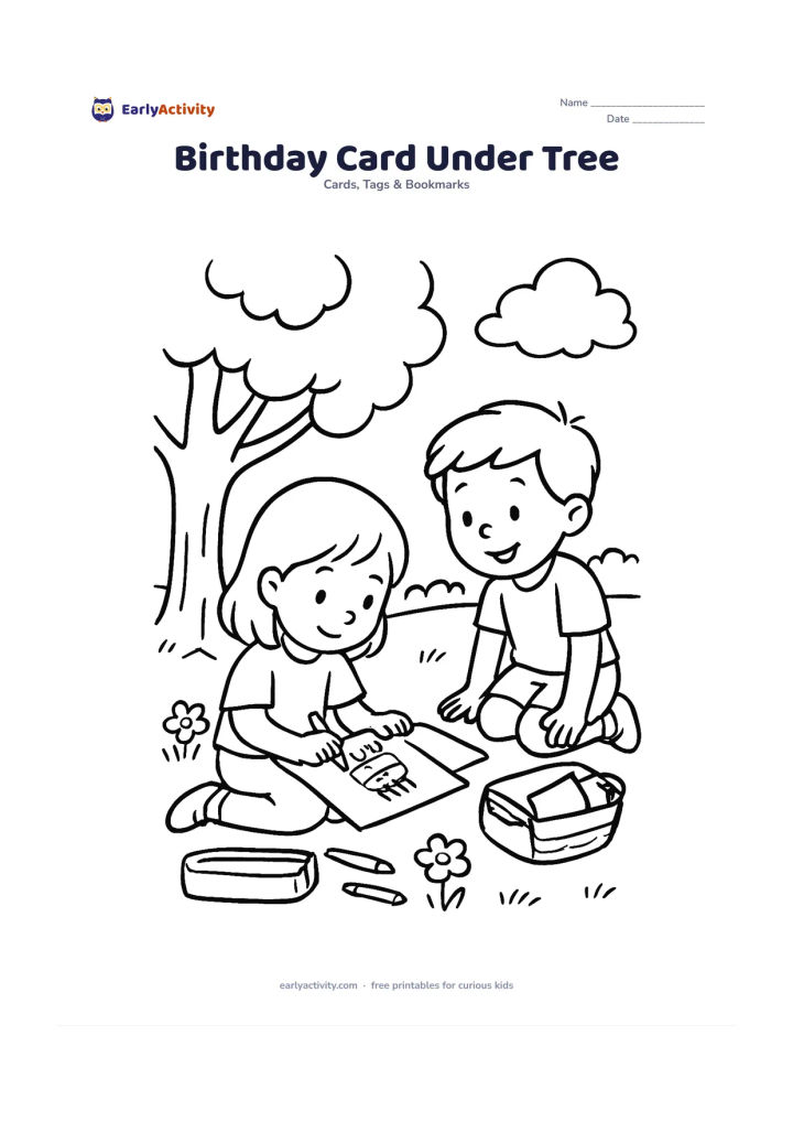 Worksheet: Show a child sitting under a shady tree, drawing a birthday card with crayons while a friend watches, with a blank card panel, a pencil case and a basket of paper nearby. Add a grassy…