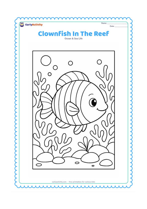 Colouring page: Draw a cheerful striped fish swimming through a coral reef, surrounded by branching coral, rounded rocks, bubbles and two small sea plants. Place the fish prominently in the centre with…