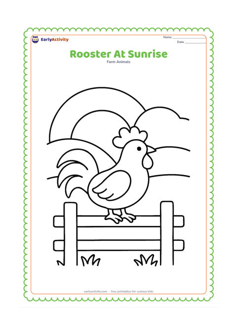 Colouring page: Draw a rooster perched on a low fence while a large sun rises behind distant rounded hills. Add a few simple grass shapes below the fence.
