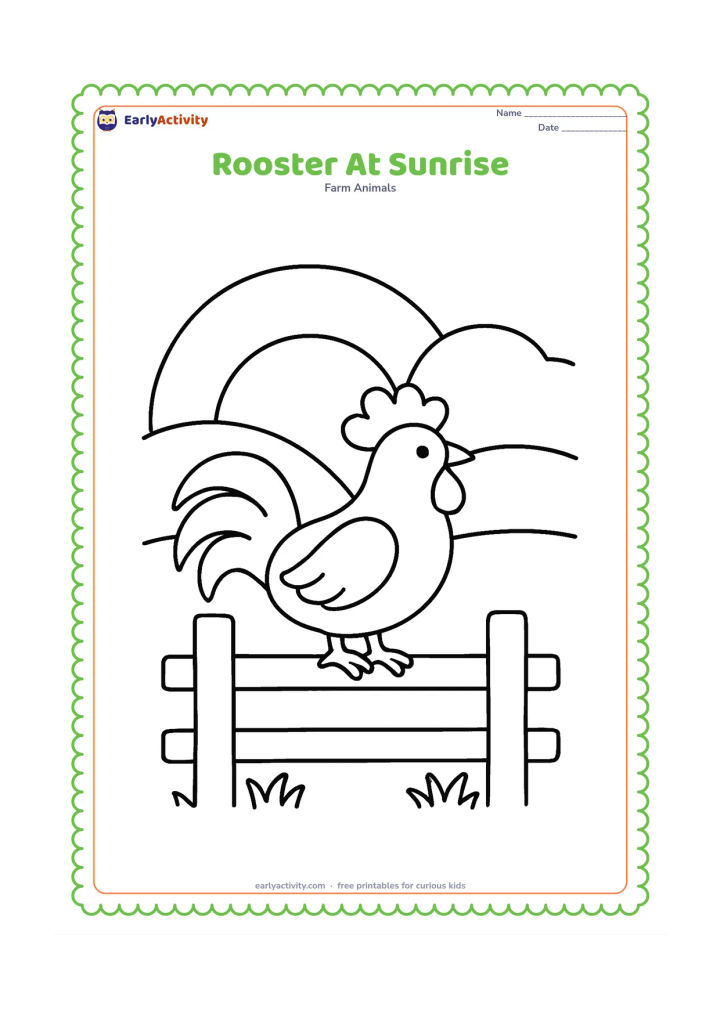 Colouring page: Draw a rooster perched on a low fence while a large sun rises behind distant rounded hills. Add a few simple grass shapes below the fence.