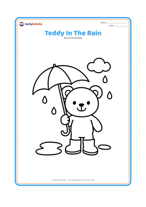 Colouring page: A teddy bear wears simple rain boots and holds a large umbrella while standing beside two puddles. Add a few rounded raindrops and one small cloud.