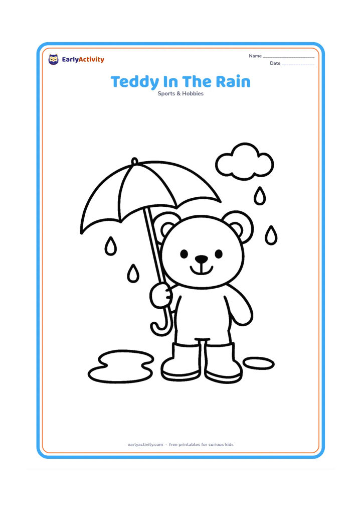 Colouring page: A teddy bear wears simple rain boots and holds a large umbrella while standing beside two puddles. Add a few rounded raindrops and one small cloud.