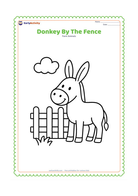 Colouring page: A smiling donkey stands beside a short wooden farm fence, with a small patch of grass and one fluffy cloud behind it. Show the whole body in a clear side view, including its long ears…