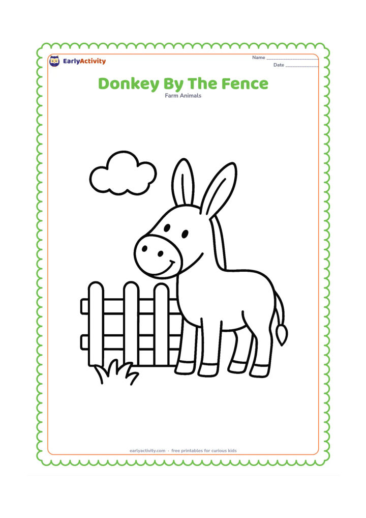 Colouring page: A smiling donkey stands beside a short wooden farm fence, with a small patch of grass and one fluffy cloud behind it. Show the whole body in a clear side view, including its long ears…