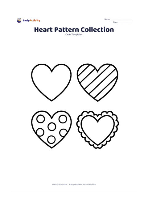 Worksheet: Draw four separate medium-sized heart templates: one plain, one with large diagonal stripes, one with large circles, and one with a simple scalloped edge. Keep each design open and easy…