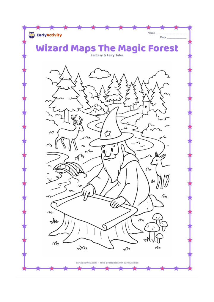 Colouring page: A wizard kneels over a large blank fantasy map spread on a stump, planning a safe route through a forest. Surround the scene with winding paths, a bridge, friendly deer, mushrooms, a…
