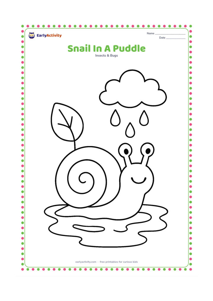 Colouring page: Draw a friendly snail crossing a shallow puddle after rain, with three large raindrops, a simple cloud, and one oversized leaf nearby. The snail should remain the main focus.