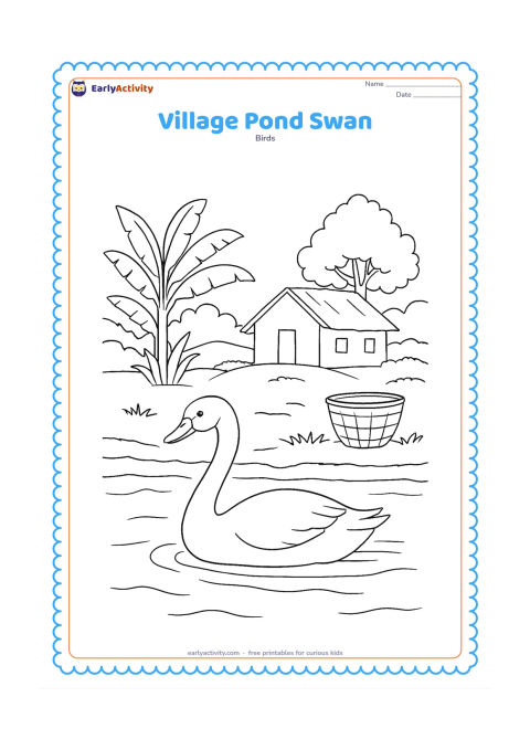 Colouring page: A swan swims across a village pond beside a mud-brick bank, banana plants, a simple woven basket, and a distant tree. Keep the everyday rural Indian setting peaceful and natural.