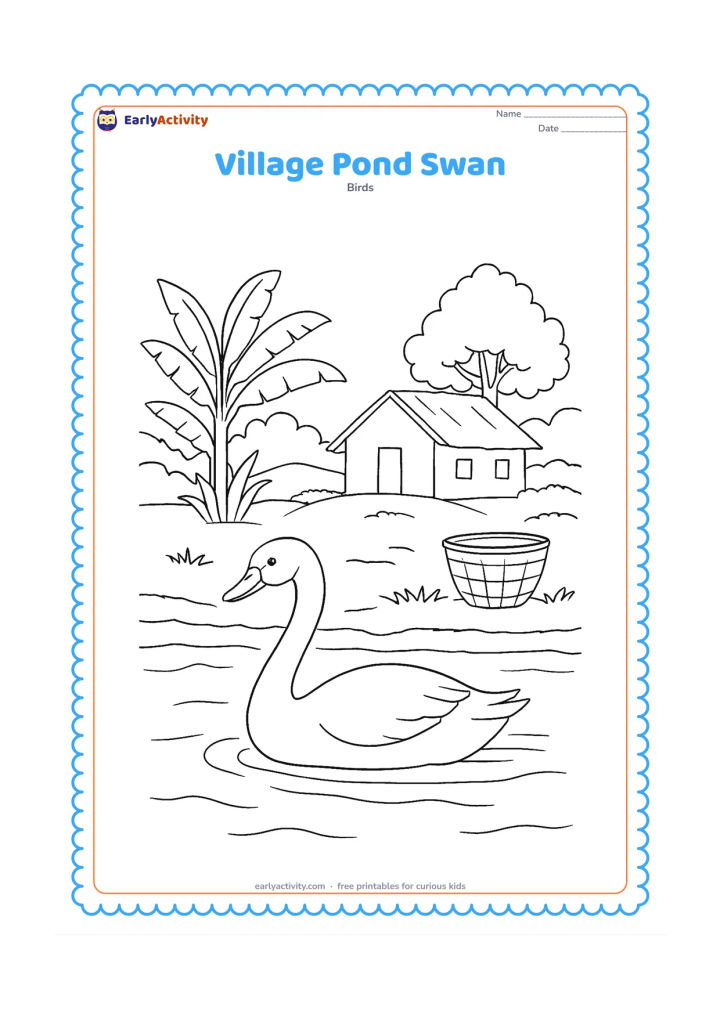 Colouring page: A swan swims across a village pond beside a mud-brick bank, banana plants, a simple woven basket, and a distant tree. Keep the everyday rural Indian setting peaceful and natural.