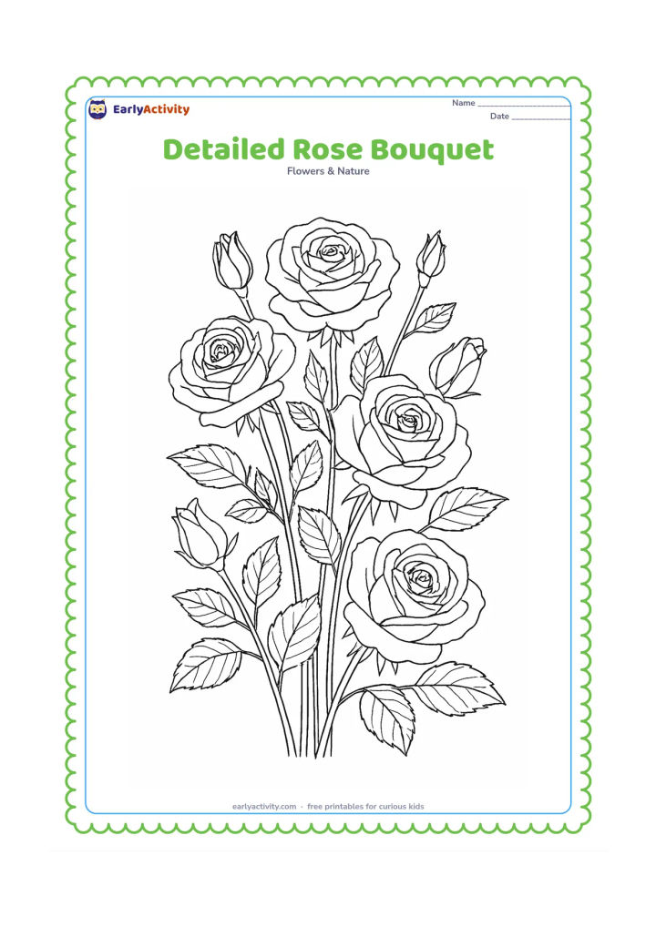 Colouring page: Draw a full bouquet of seven roses in different stages, including open blooms, partially open blooms, and buds, with layered overlapping petals, long stems, thorns, and varied leaves.