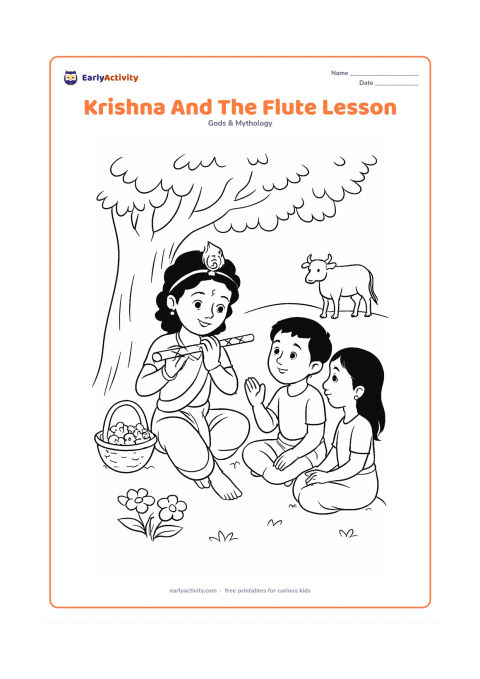 Colouring page: Draw Krishna showing a friend how to hold a flute beneath a tree. Place two seated friends nearby listening, with a basket, flowers, and a cow in the distance.