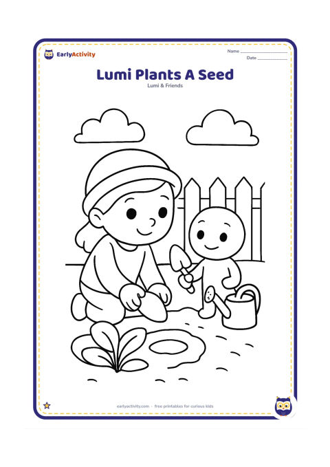 Colouring page: Lumi kneels beside a small garden bed, placing a large seed into a shallow hole while a friend holds a hand trowel. Include broad leaves, a fence and a watering can.