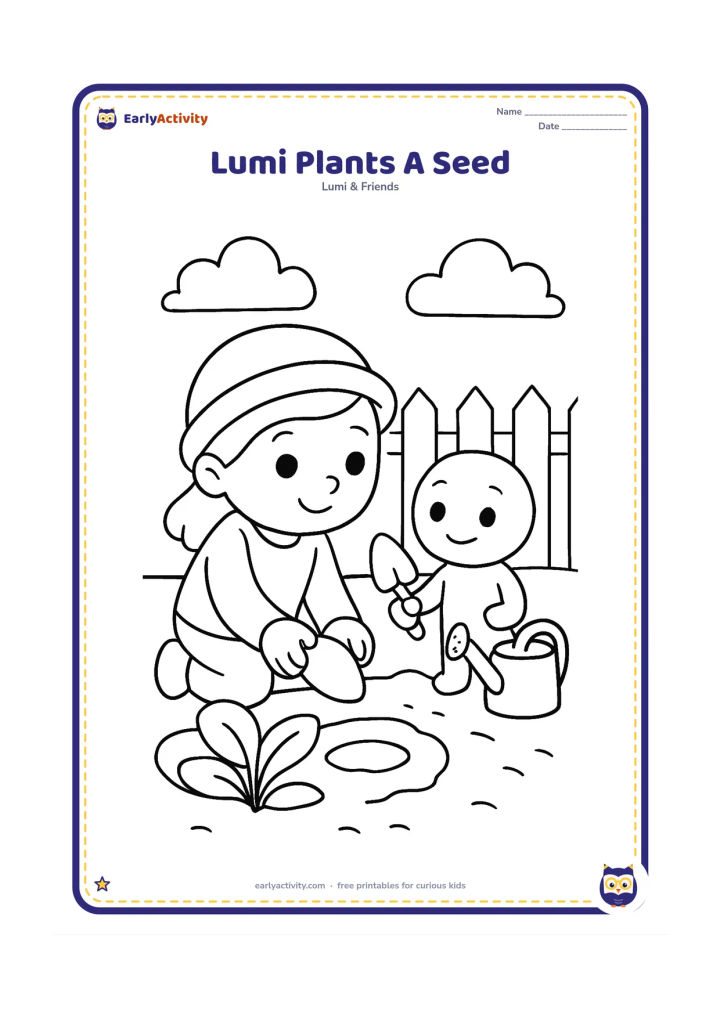 Colouring page: Lumi kneels beside a small garden bed, placing a large seed into a shallow hole while a friend holds a hand trowel. Include broad leaves, a fence and a watering can.