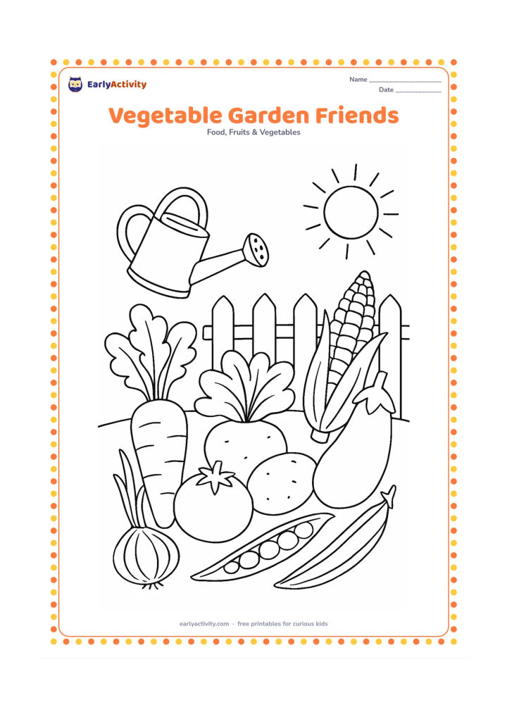 Colouring page: Show a carrot, tomato, potato, pea pod, brinjal, okra pod, corn cob, onion, and leafy greens growing or resting together in a cheerful vegetable garden. Include a watering can, fence,…