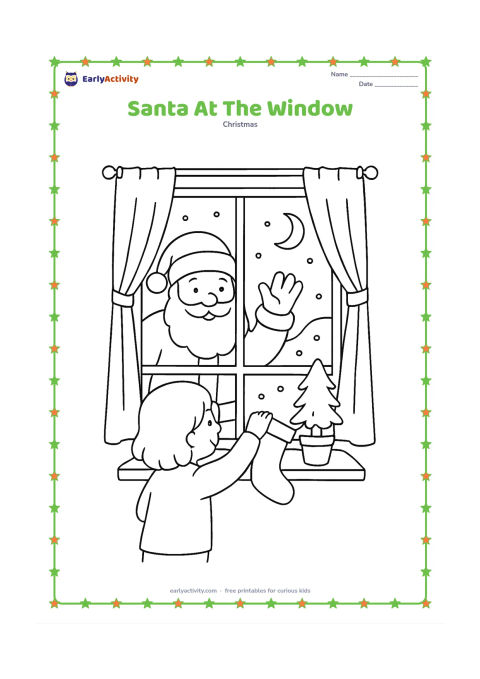Colouring page: Santa waves from outside a home window while a child inside hangs a stocking on the sill. Add curtains, a small potted evergreen, moonlight, and a few falling snowflakes.