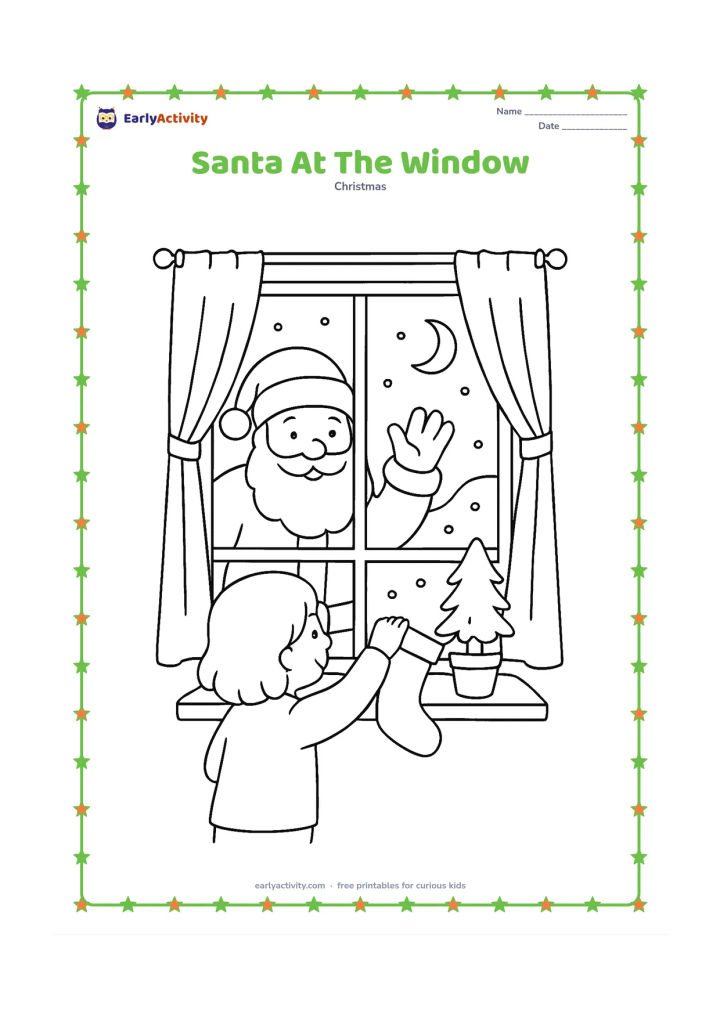 Colouring page: Santa waves from outside a home window while a child inside hangs a stocking on the sill. Add curtains, a small potted evergreen, moonlight, and a few falling snowflakes.