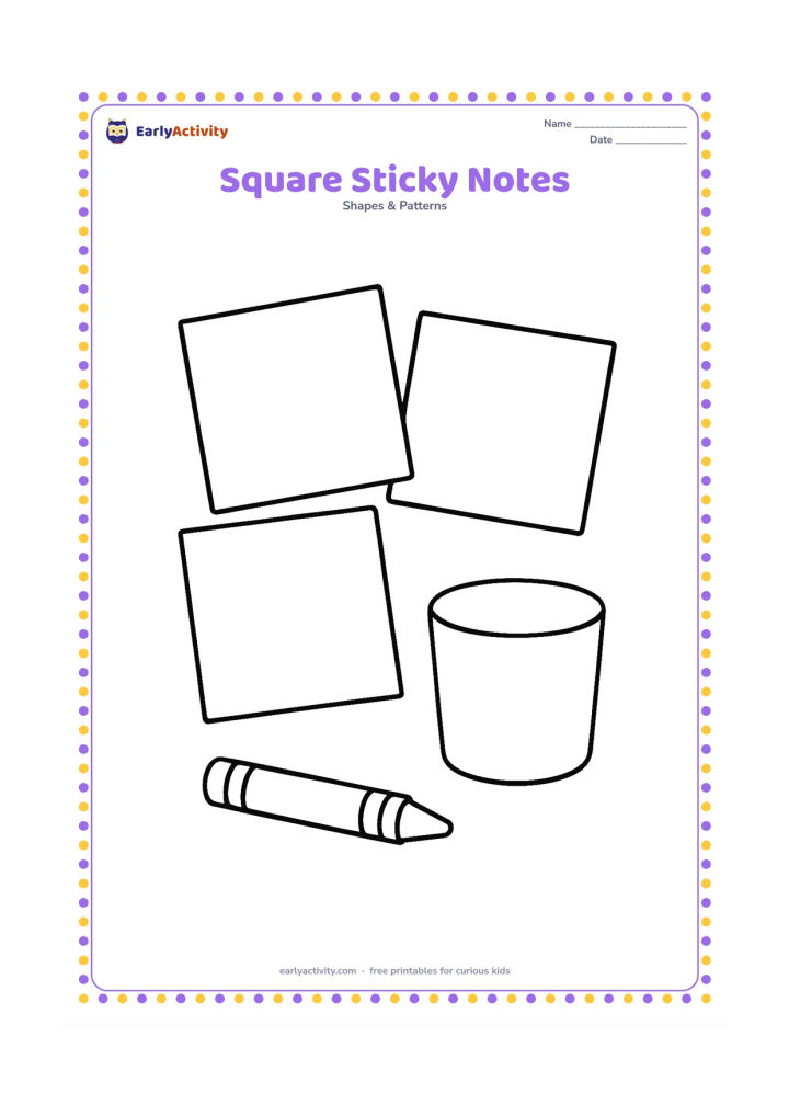 Colouring page: Three large square sticky notes are arranged on a desk beside a crayon and a small cup. Leave every note completely blank.