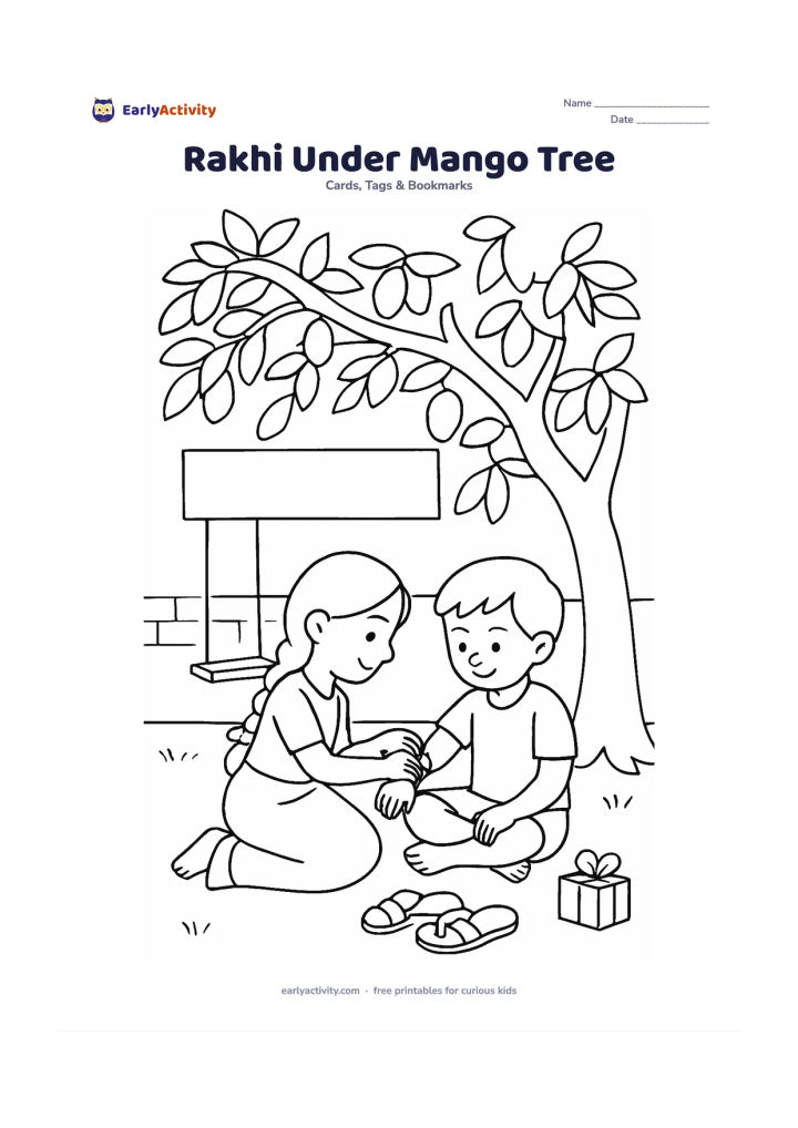 Worksheet: Show a sister tying a rakhi on her brother under a leafy mango tree in a courtyard, with a swing, sandals, and a small present nearby. Leave a quiet open area among the leaves for writing.