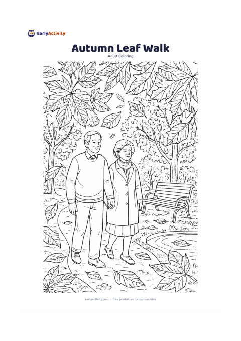 Colouring page: Show an older couple walking slowly along a park path surrounded by large falling leaves and trees with changing foliage. Include a bench, a small pond, and a few leaves gathered on the…