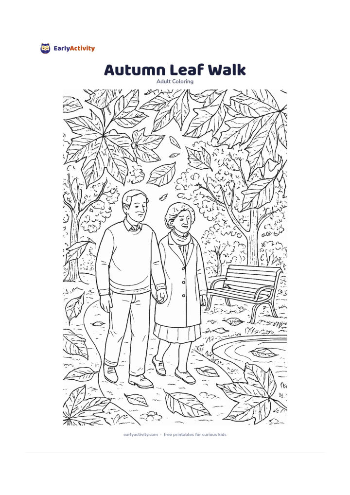 Colouring page: Show an older couple walking slowly along a park path surrounded by large falling leaves and trees with changing foliage. Include a bench, a small pond, and a few leaves gathered on the…