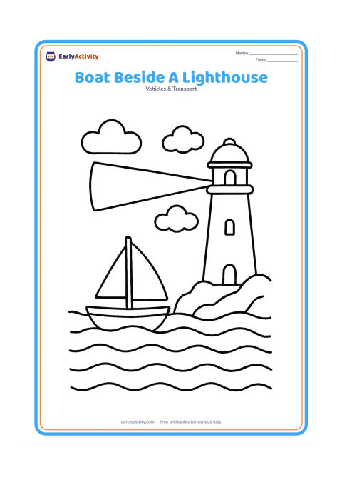 Colouring page: Draw a small boat on the sea beside a simple lighthouse on a rocky shore. Add a large beam of light, a few clouds, and broad waves.