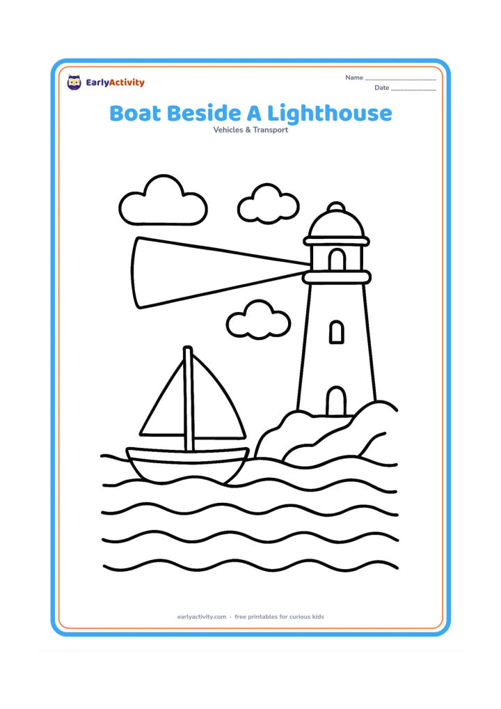 Colouring page: Draw a small boat on the sea beside a simple lighthouse on a rocky shore. Add a large beam of light, a few clouds, and broad waves.