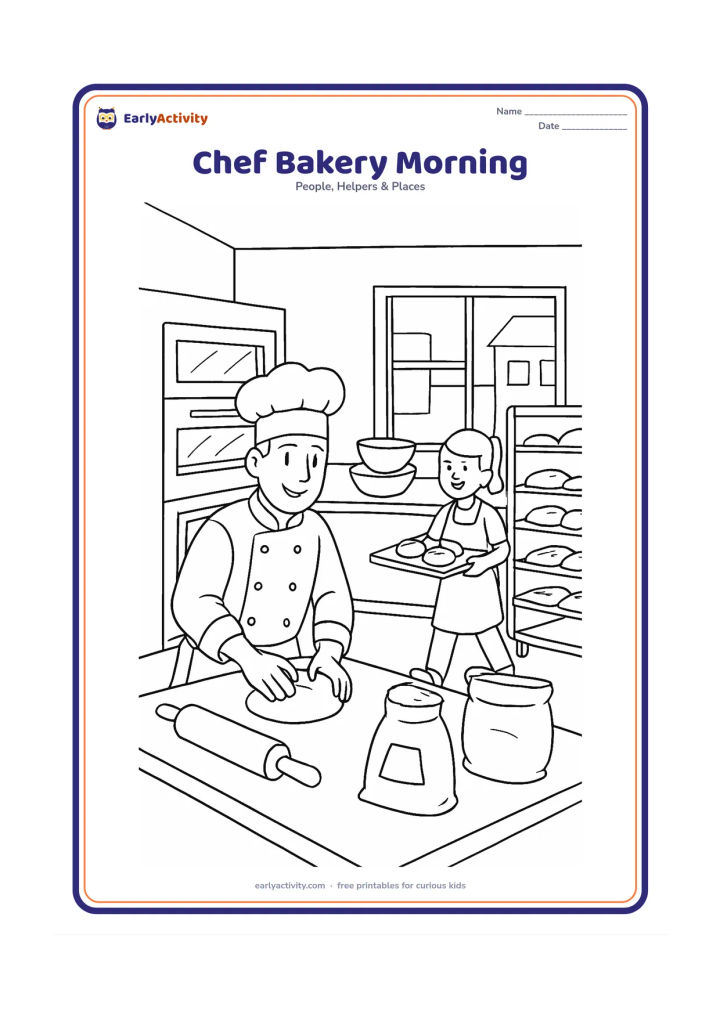 Colouring page: A chef prepares bread and pastries in a bakery kitchen while an assistant carries a tray toward a counter. Show an oven, mixing bowls, rolling pin, flour sack, cooling racks and a street…