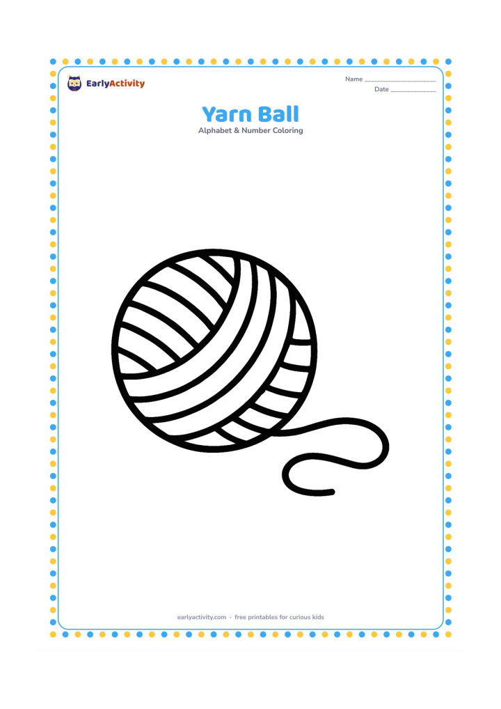 Colouring page: Draw a large round ball of yarn with one loose strand curling gently beside it. Keep both shapes isolated on an open page.