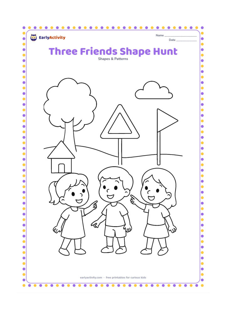 Colouring page: Three children search for triangles in a park, pointing toward a triangular roof, a triangular road sign, and a triangular flag. Show the three objects at different distances with no…