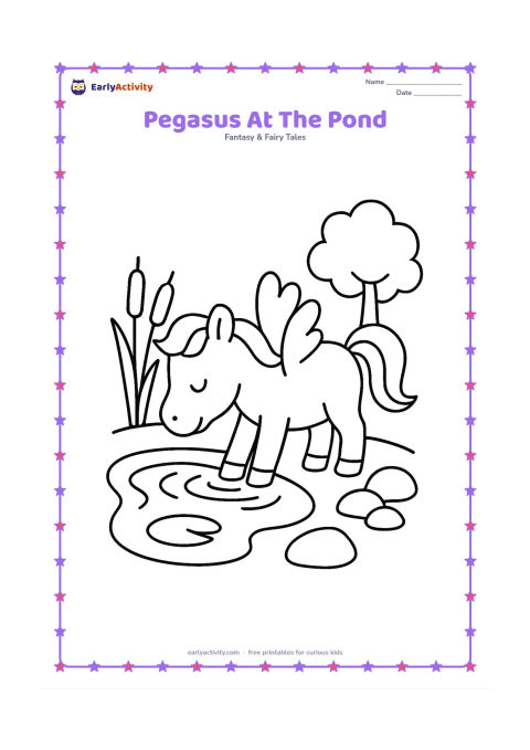 Colouring page: Draw a pegasus drinking from a small pond beside two large reeds, a round lily pad and a simple tree. Include clear ripples in the water and a few broad stones.