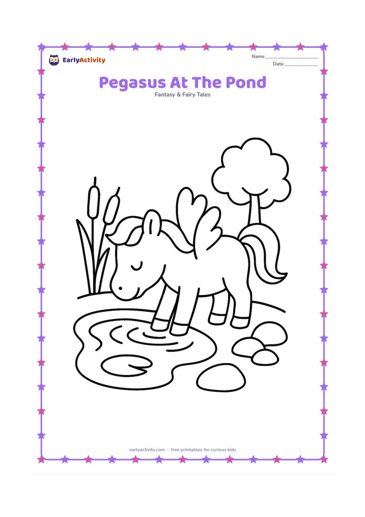 Colouring page: Draw a pegasus drinking from a small pond beside two large reeds, a round lily pad and a simple tree. Include clear ripples in the water and a few broad stones.