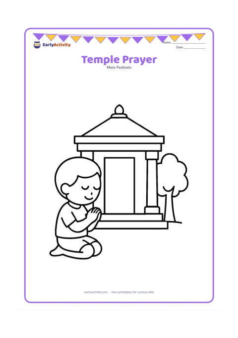 Colouring page: Draw a child kneeling peacefully with folded hands outside a simple Jain temple, with a broad doorway, two pillars and a small tree.