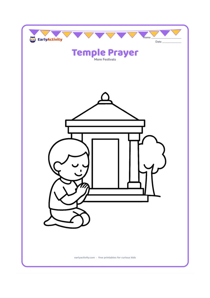 Colouring page: Draw a child kneeling peacefully with folded hands outside a simple Jain temple, with a broad doorway, two pillars and a small tree.