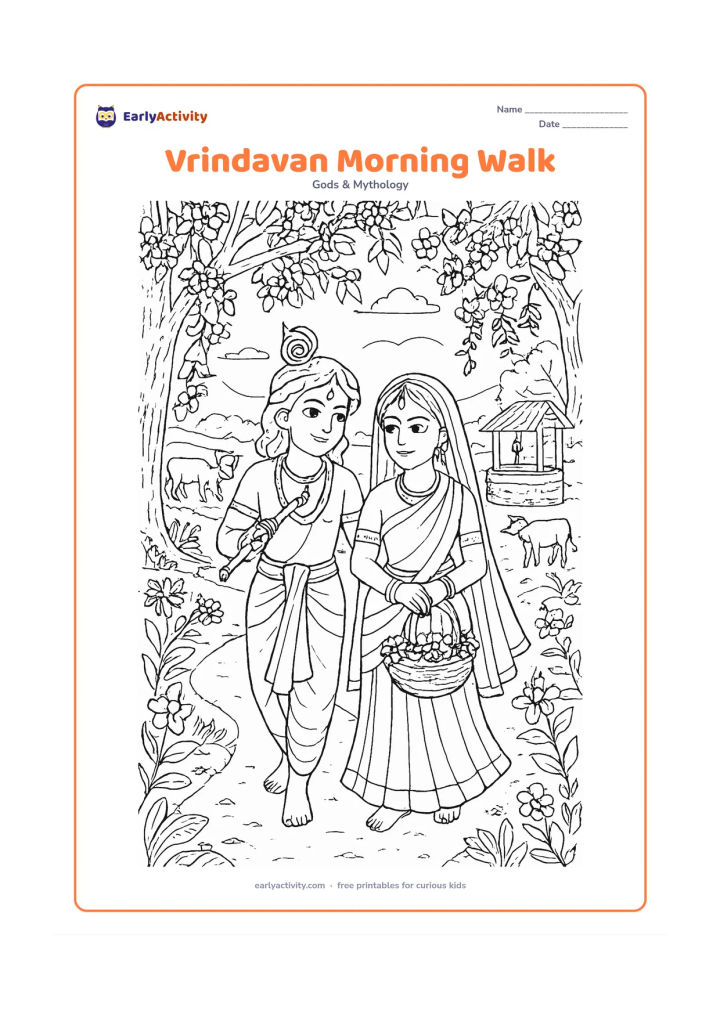 Colouring page: Draw Radha and Krishna walking along a detailed Vrindavan path in the morning, with Krishna carrying his flute and Radha holding a flower basket. Add flowering trees, vines, cows, a…