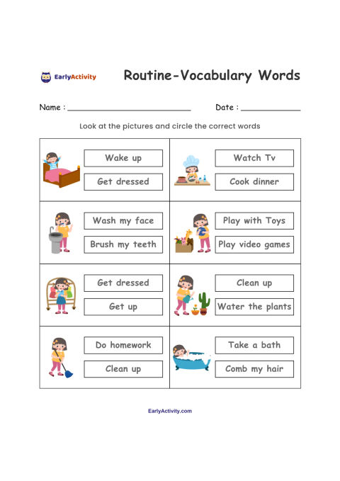 Worksheet showing children doing daily routines, with two word choices beside each picture to circle the correct answer.