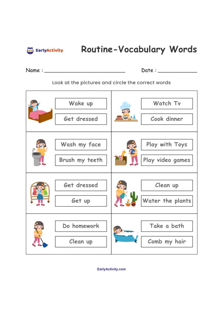 Worksheet showing children doing daily routines, with two word choices beside each picture to circle the correct answer.