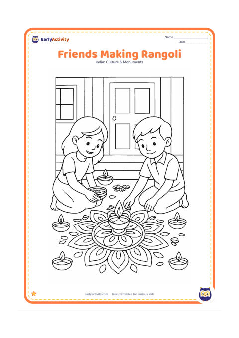 Colouring page: Two children kneel on a veranda arranging flower petals around a lit diya to create a large rangoli, with bowls of petals, several finished lamps and a home doorway behind them.