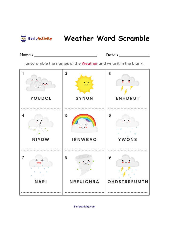 Worksheet with nine weather illustrations, including clouds, sun, rain, snow, a rainbow and lightning, each labelled with scrambled letters.