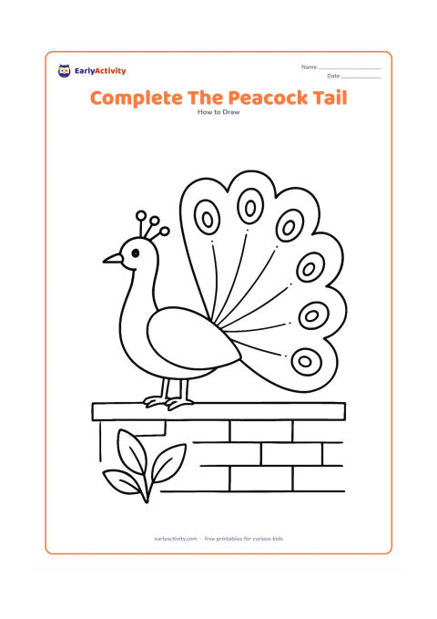 Worksheet: A peacock body and neck are complete while the wide fan tail has several missing outer feathers and feather eyes for the child to draw. Place the bird on a low garden wall with two…