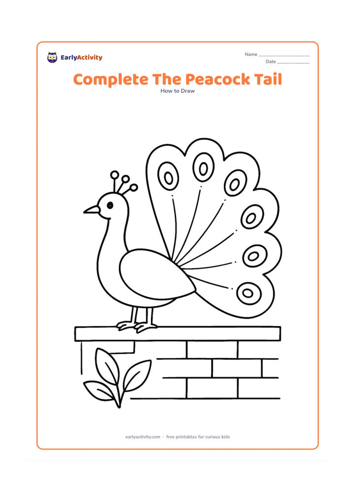 Worksheet: A peacock body and neck are complete while the wide fan tail has several missing outer feathers and feather eyes for the child to draw. Place the bird on a low garden wall with two…